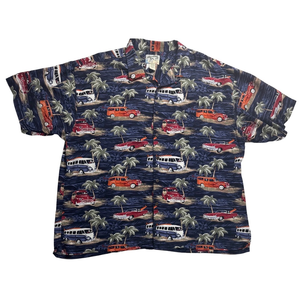 Big Dogs Mens 3X Rayon Surf Van Woody Car Palm Tree Hawaiian Camp Shirt Navy